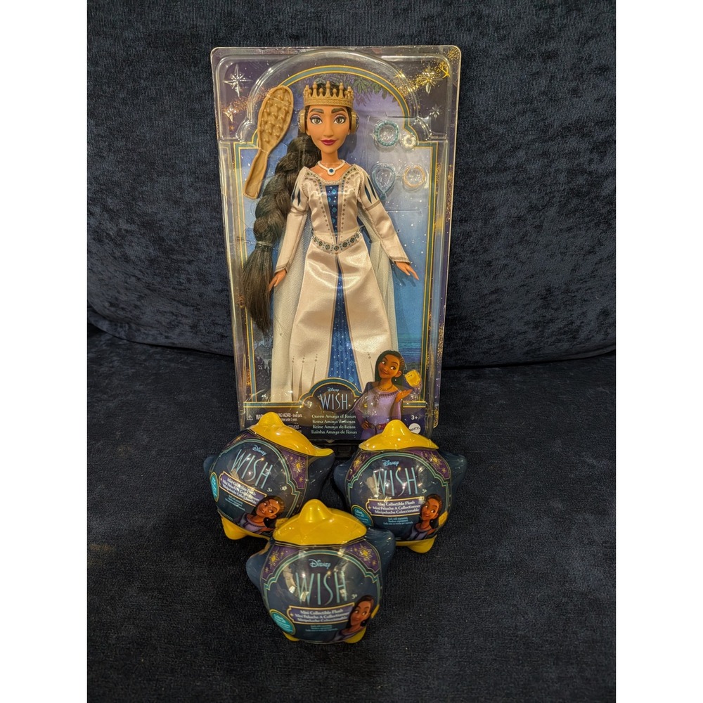 Disney Wish Queen Amaya Doll Mattel HRC11 and 3 Mini Collectible Plush Stars Set